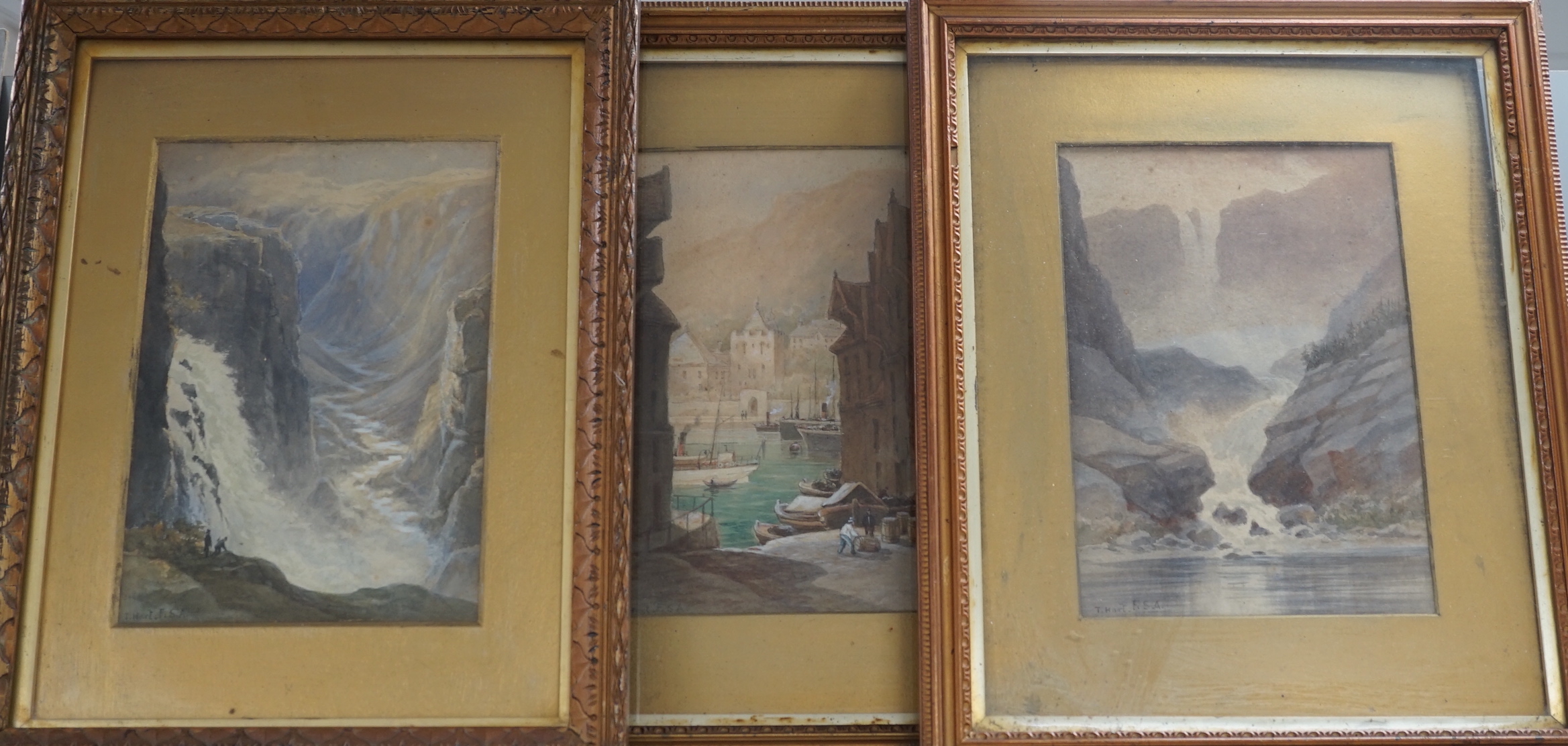 T Hart (19th / 20th. C) set of three watercolours, Waterfalls and Continental harbour scene, each signed, 23 x 16cm